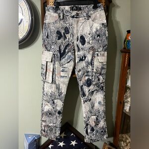 Rebel Vengeance Skull Fringed Cargo Grunge Goth Statement Pants Size 28